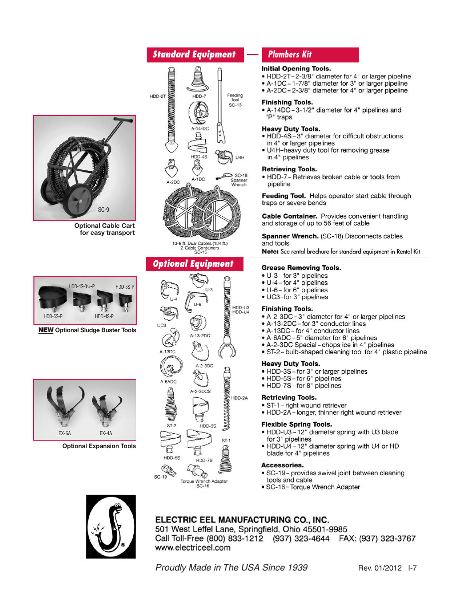 Standard equipment plumbers kit optional equipment, Proudly made in the usa since 1939 | Electric Eel C User Manual | Page 8 / 8