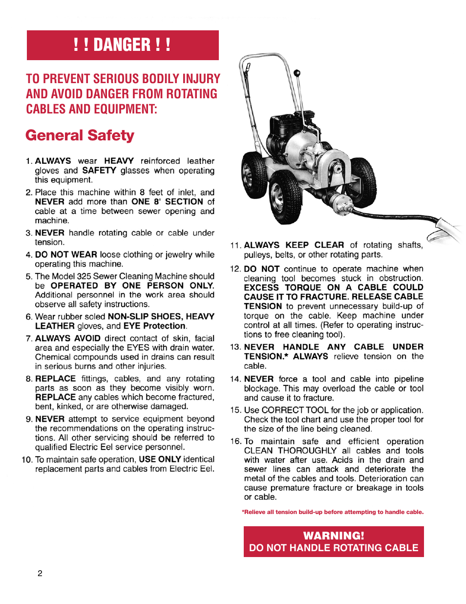 Danger, General safety | Electric Eel 325 User Manual | Page 2 / 8