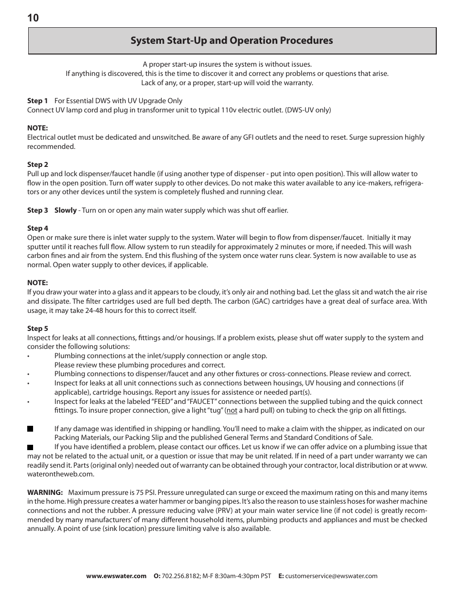 System start-up and operation procedures | Environmental Water Systems DWS-UV User Manual | Page 10 / 16