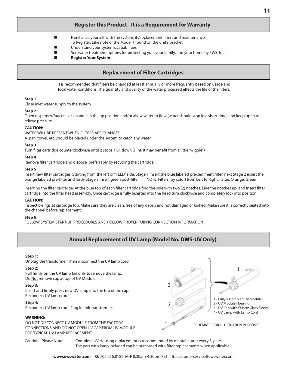 Replacement of filter cartridges | Environmental Water Systems DWS-UV User Manual | Page 11 / 16