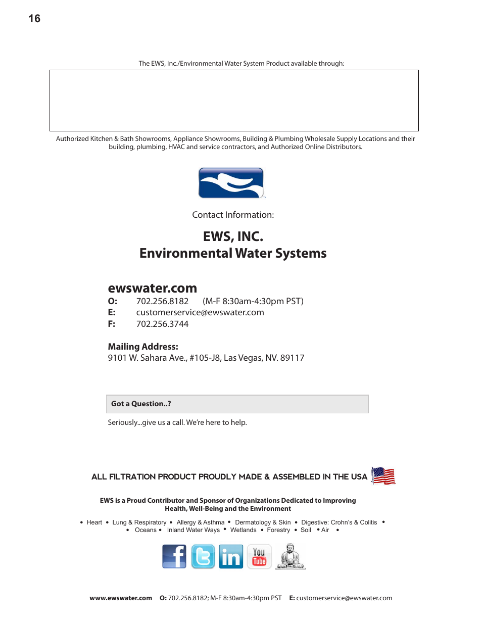 Ews, inc. environmental water systems | Environmental Water Systems DWS-UV User Manual | Page 16 / 16