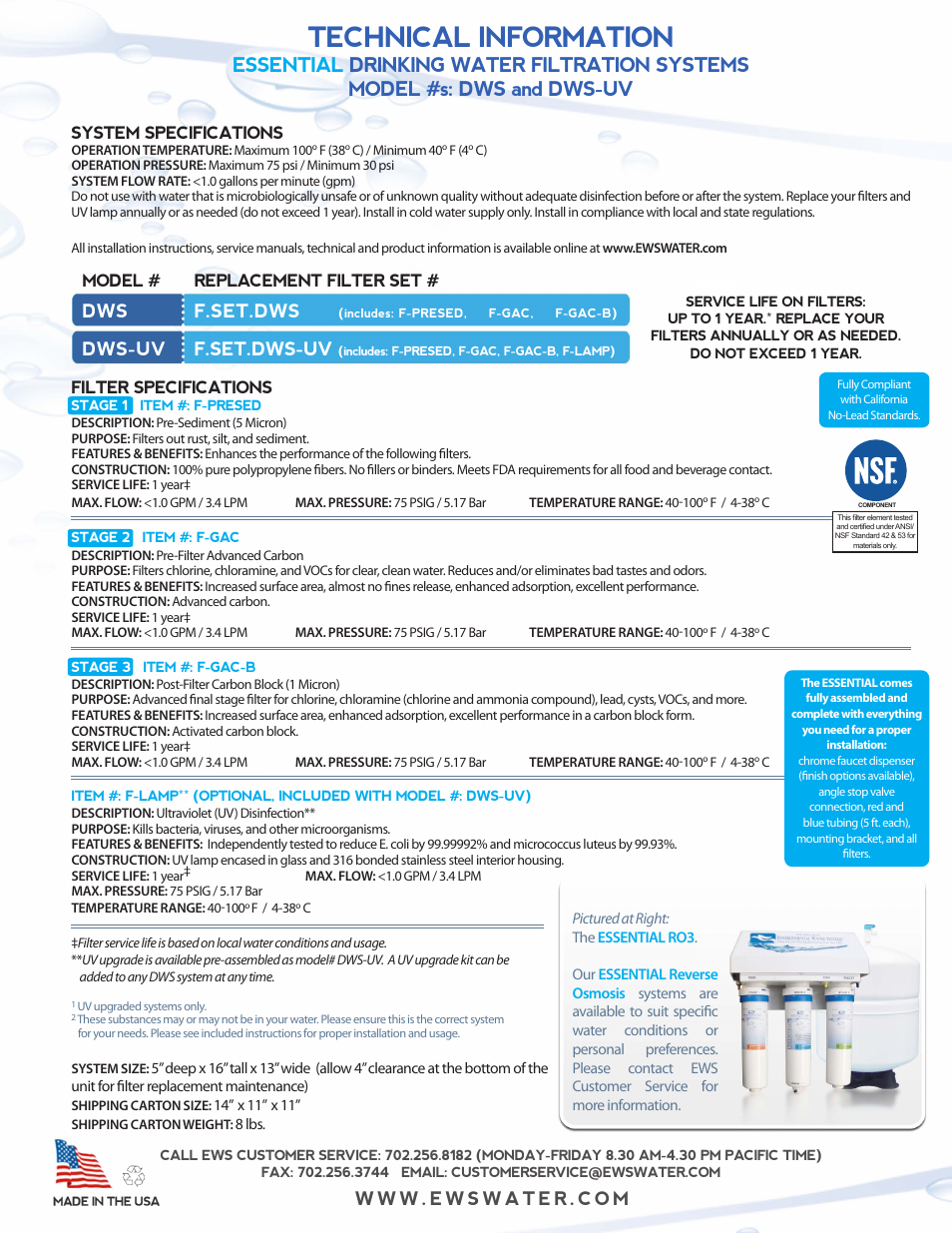 Technical information, Dws f.set.dws, Dws-uv f.set.dws-uv | Environmental Water Systems DWS-UV User Manual | Page 3 / 16