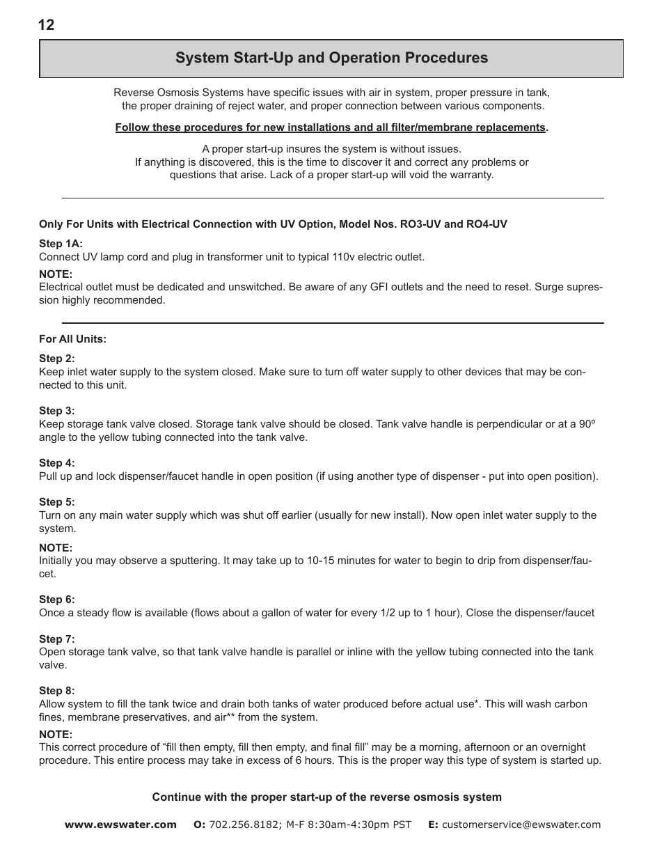 System start-up and operation procedures | Environmental Water Systems RO4-UV User Manual | Page 12 / 26