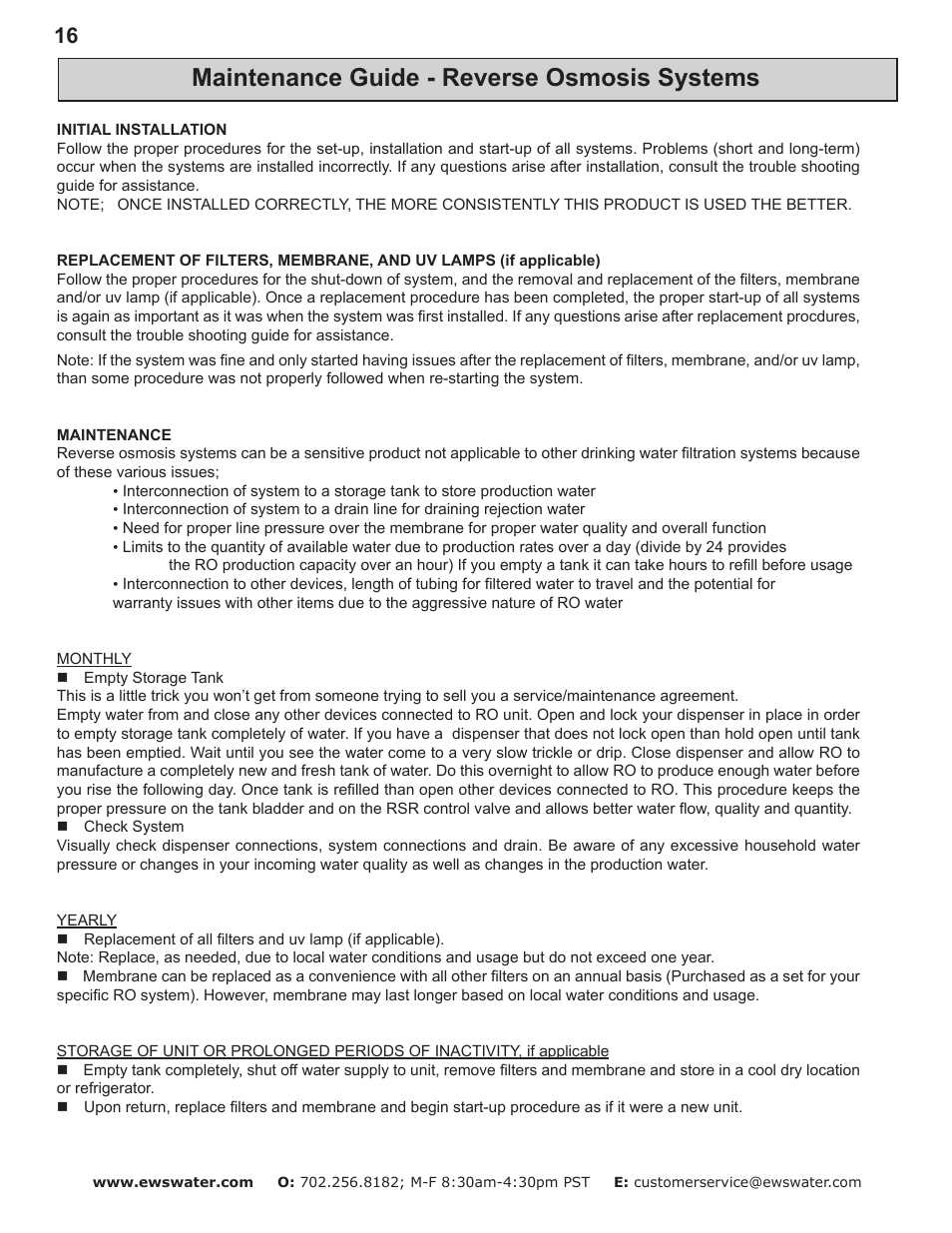 Maintenance guide - reverse osmosis systems | Environmental Water Systems RO4-UV User Manual | Page 16 / 26