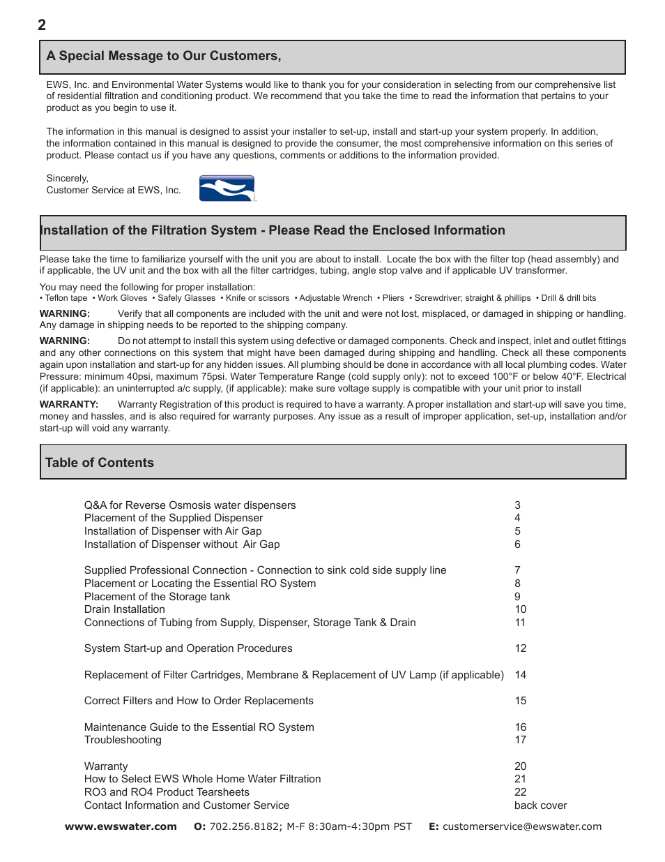 Environmental Water Systems RO4-UV User Manual | Page 2 / 26