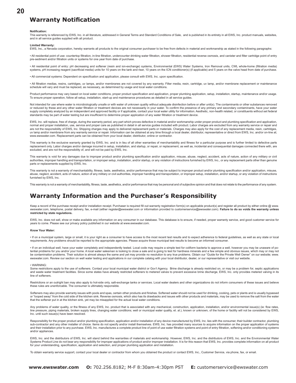 Warranty notification | Environmental Water Systems RO4-UV User Manual | Page 20 / 26