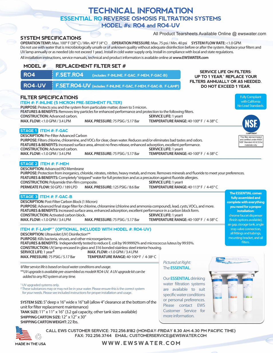 Technical information, Ro4 f.set.ro4, Ro4-uv f.set.ro4-uv | Environmental Water Systems RO4-UV User Manual | Page 25 / 26