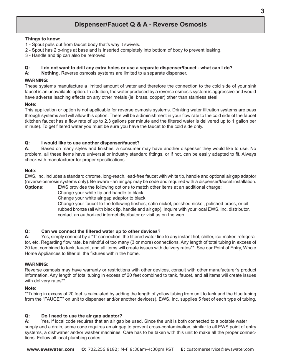 Dispenser/faucet q & a - reverse osmosis | Environmental Water Systems RO4-UV User Manual | Page 3 / 26