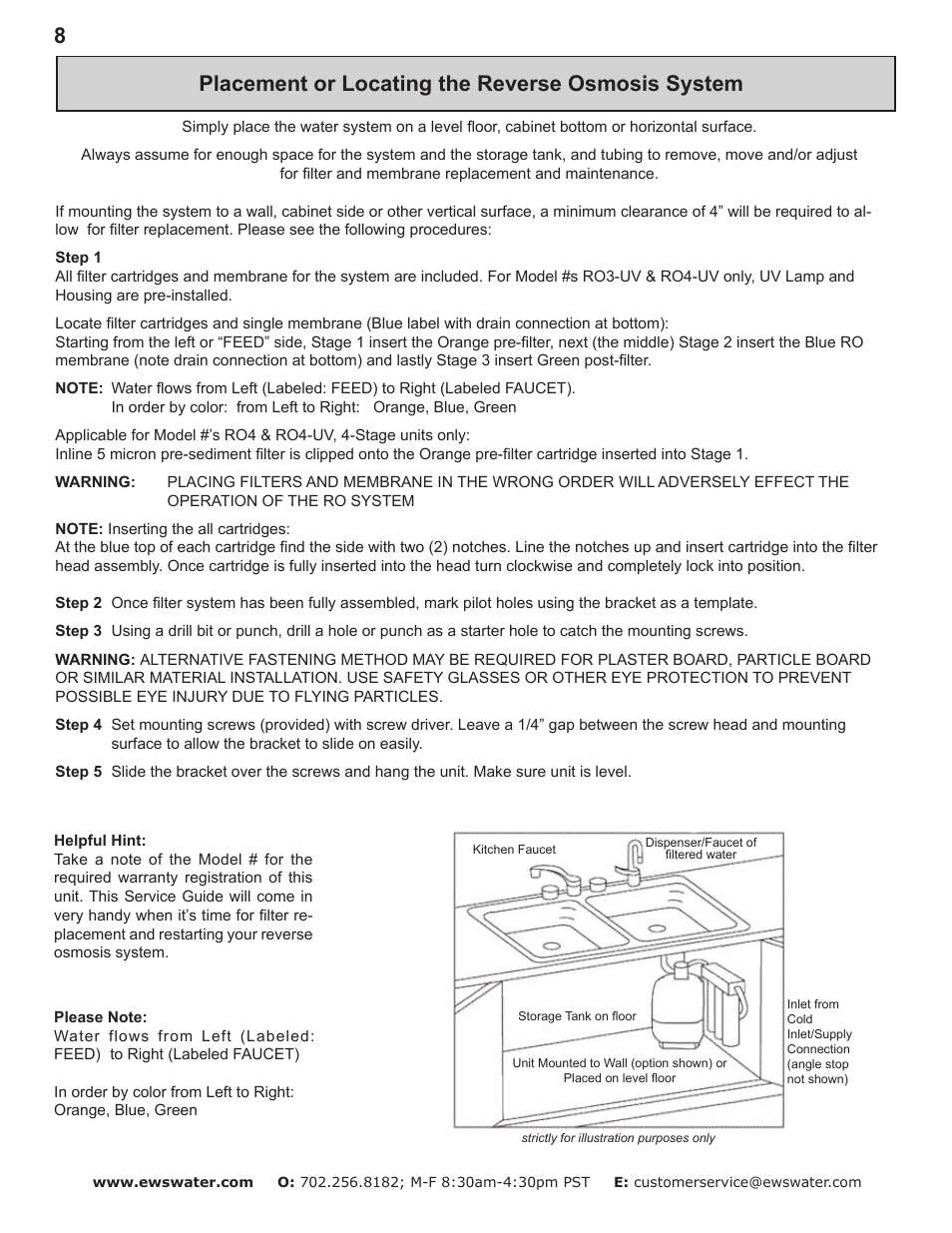 Placement or locating the reverse osmosis system | Environmental Water Systems RO4-UV User Manual | Page 8 / 26