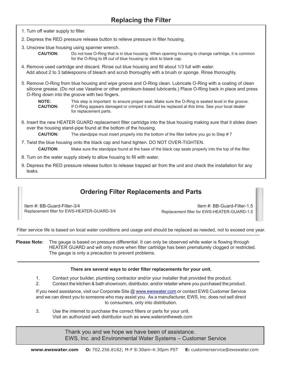 Ordering filter replacements and parts, Replacing the filter | Environmental Water Systems FU Series User Manual | Page 5 / 8