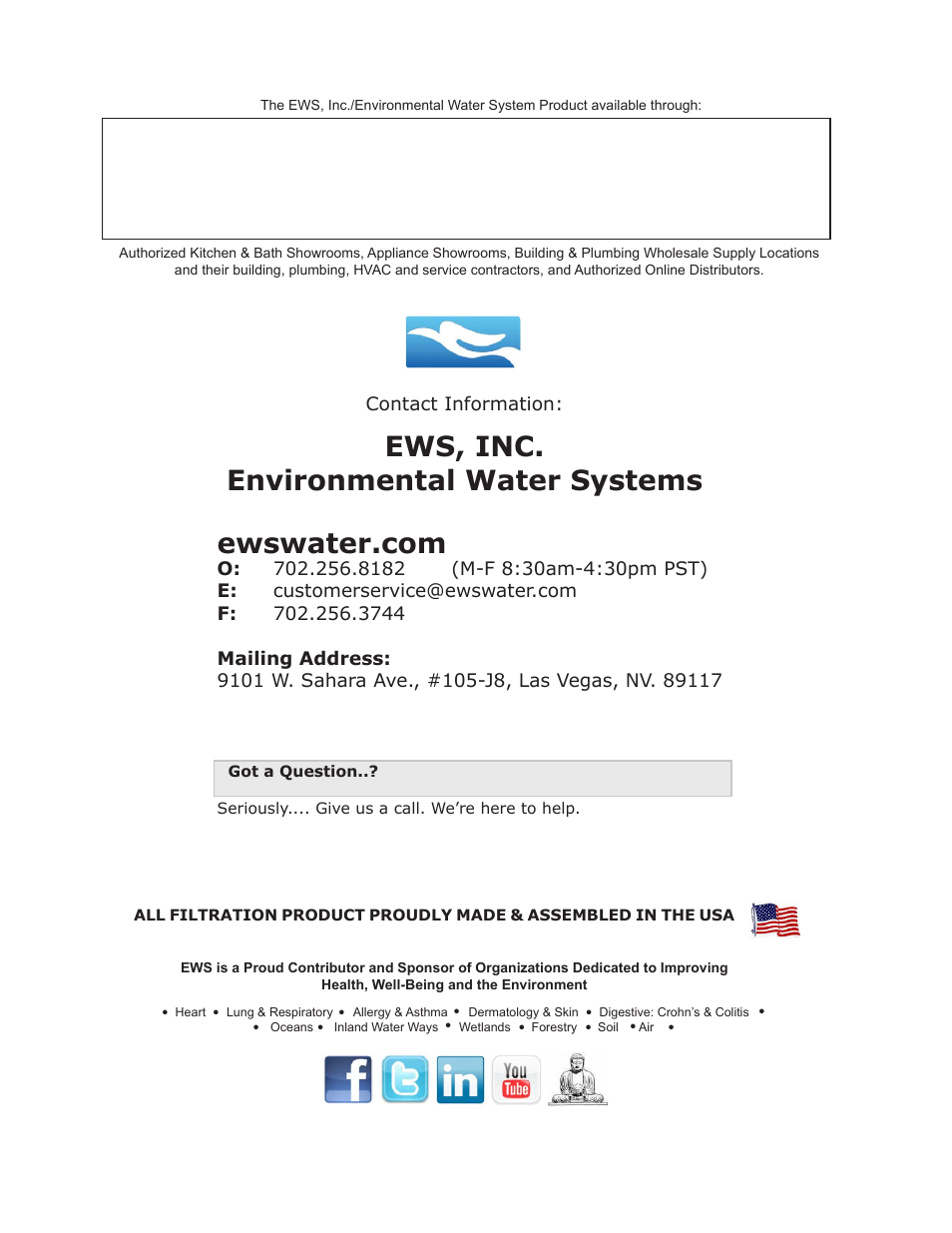 Ews, inc. environmental water systems | Environmental Water Systems FU Series User Manual | Page 8 / 8