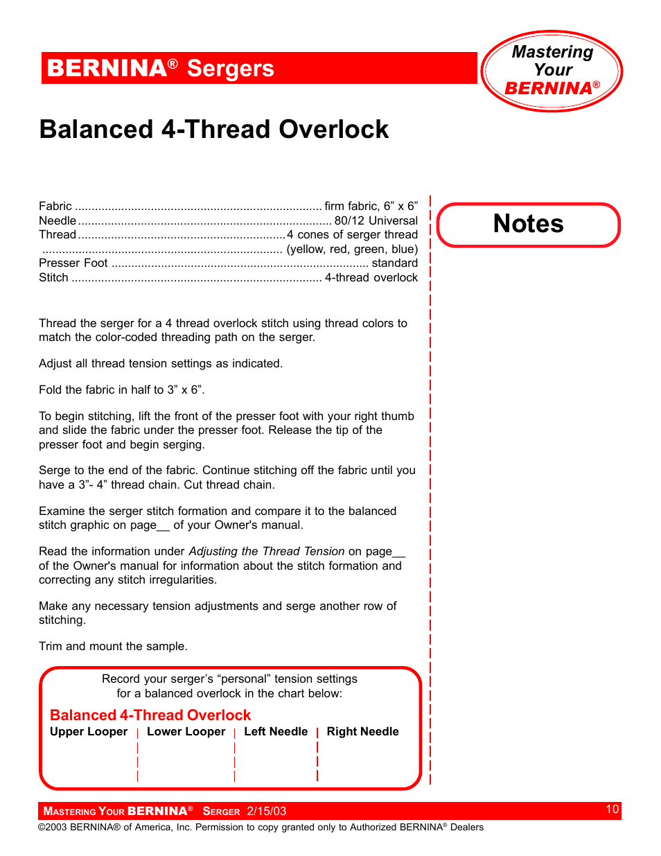 Balanced 4-thread overlock, Bernina, Sergers | Mastering your bernina | Bernina Sergers User Manual | Page 10 / 134