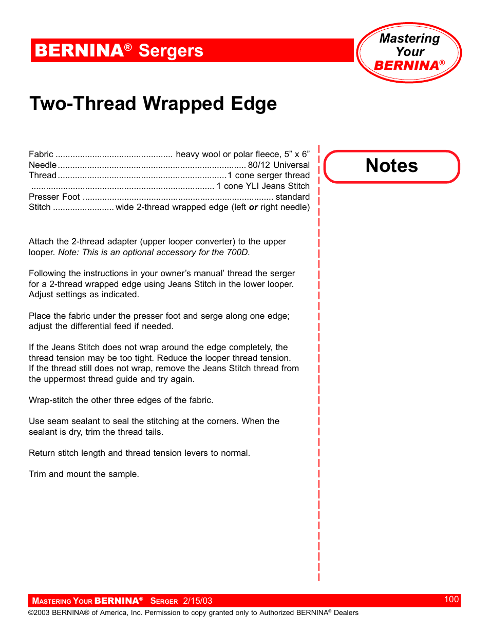 Two-thread wrapped edge, Bernina, Sergers | Mastering your bernina | Bernina Sergers User Manual | Page 100 / 134