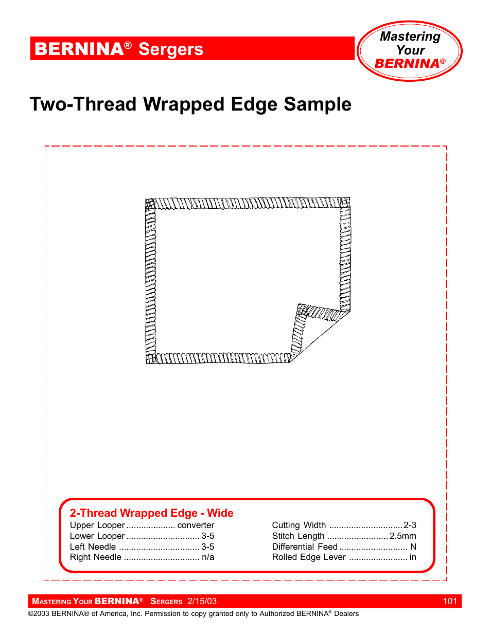 Two-thread wrapped edge sample, Bernina, Sergers | Mastering your bernina | Bernina Sergers User Manual | Page 101 / 134