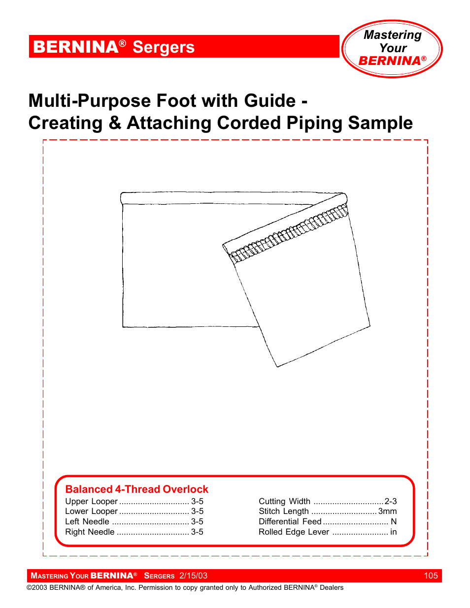 Bernina, Sergers, Mastering your bernina | Bernina Sergers User Manual | Page 105 / 134