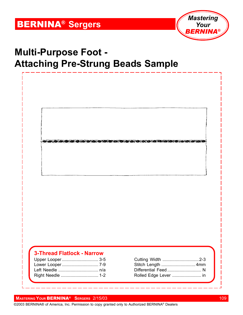 Bernina, Sergers, Mastering your bernina | Bernina Sergers User Manual | Page 109 / 134