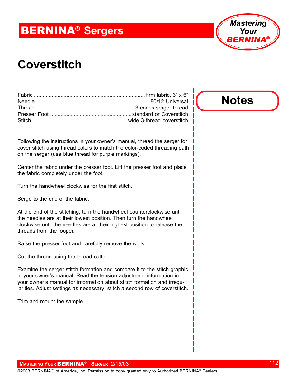 Coverstitch, Bernina, Sergers | Mastering your bernina | Bernina Sergers User Manual | Page 112 / 134