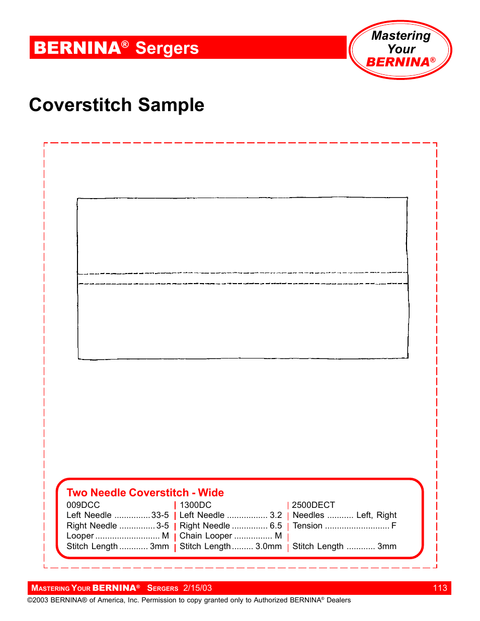 Coverstitch sample, Bernina, Sergers | Mastering your bernina | Bernina Sergers User Manual | Page 113 / 134