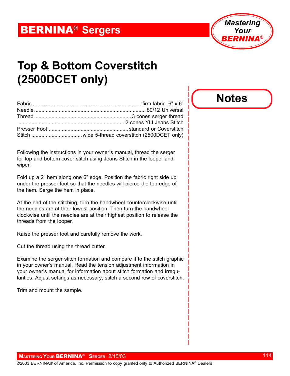 Top & bottom coverstitch (2500dcet only), Bernina, Sergers | Mastering your bernina | Bernina Sergers User Manual | Page 114 / 134