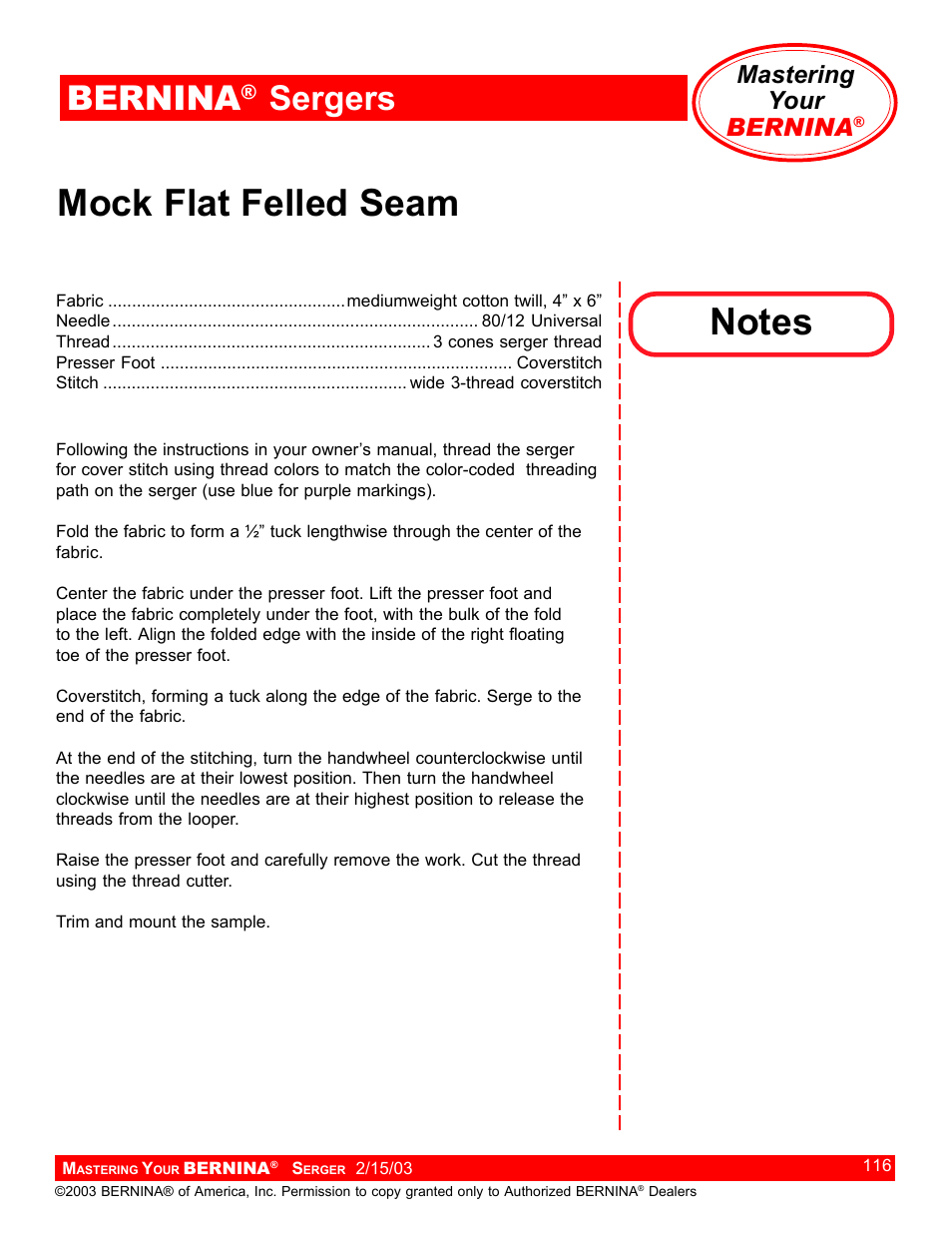 Mock flat felled seam, Bernina, Sergers | Mastering your bernina | Bernina Sergers User Manual | Page 116 / 134