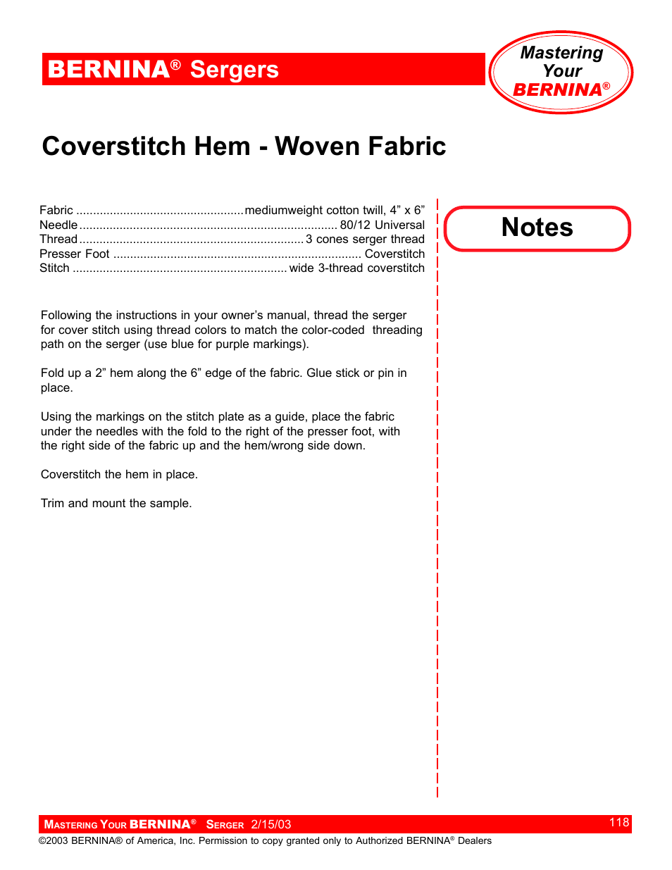 Coverstitch hem - woven fabric, Bernina, Sergers | Mastering your bernina | Bernina Sergers User Manual | Page 118 / 134