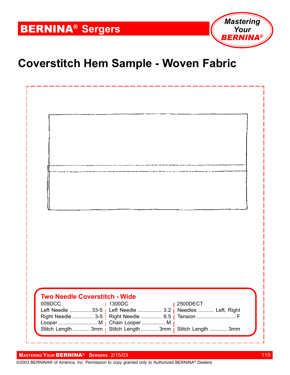 Coverstitch hem sample - woven fabric, Bernina, Sergers | Mastering your bernina | Bernina Sergers User Manual | Page 119 / 134