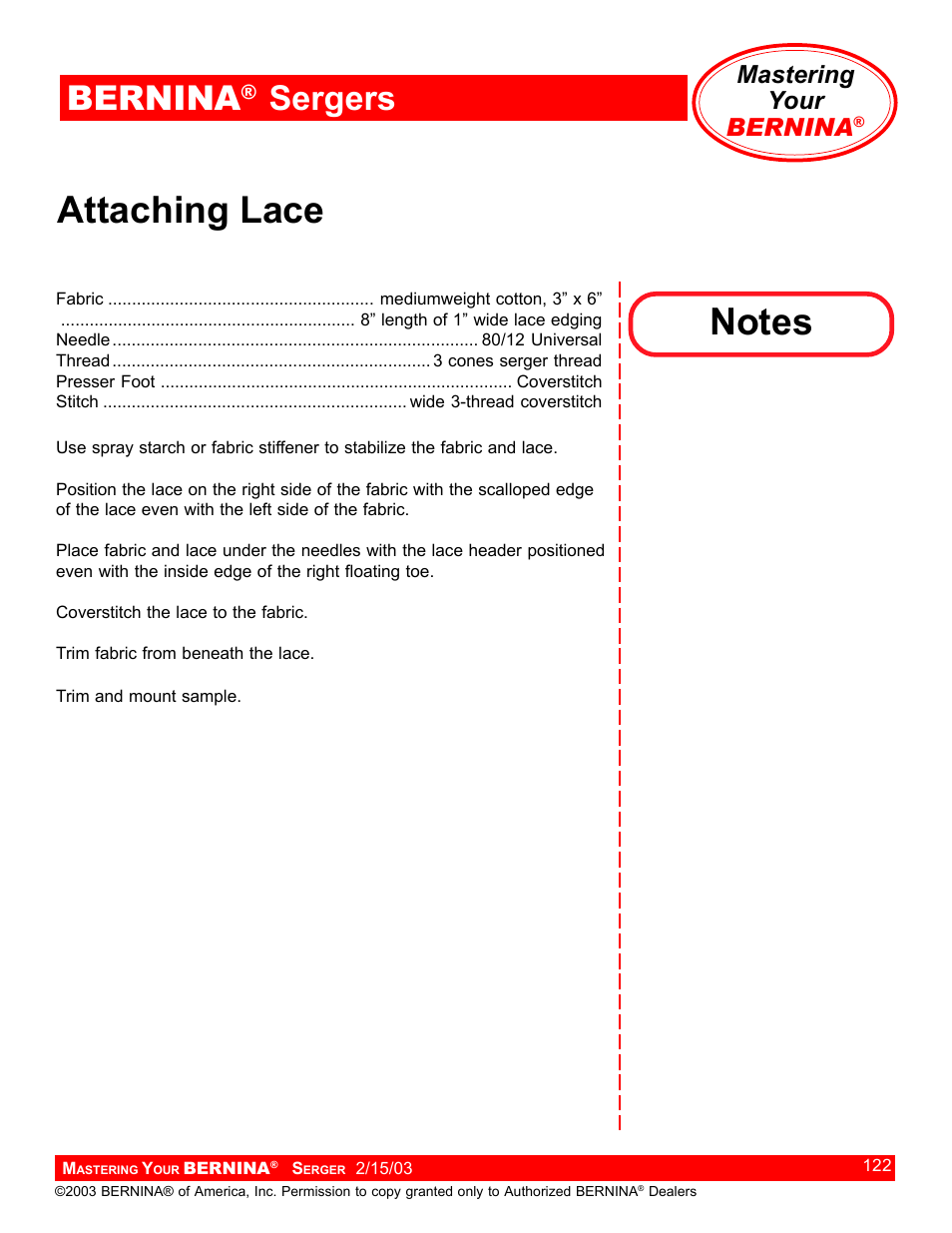 Attaching lace, Bernina, Sergers | Mastering your bernina | Bernina Sergers User Manual | Page 122 / 134