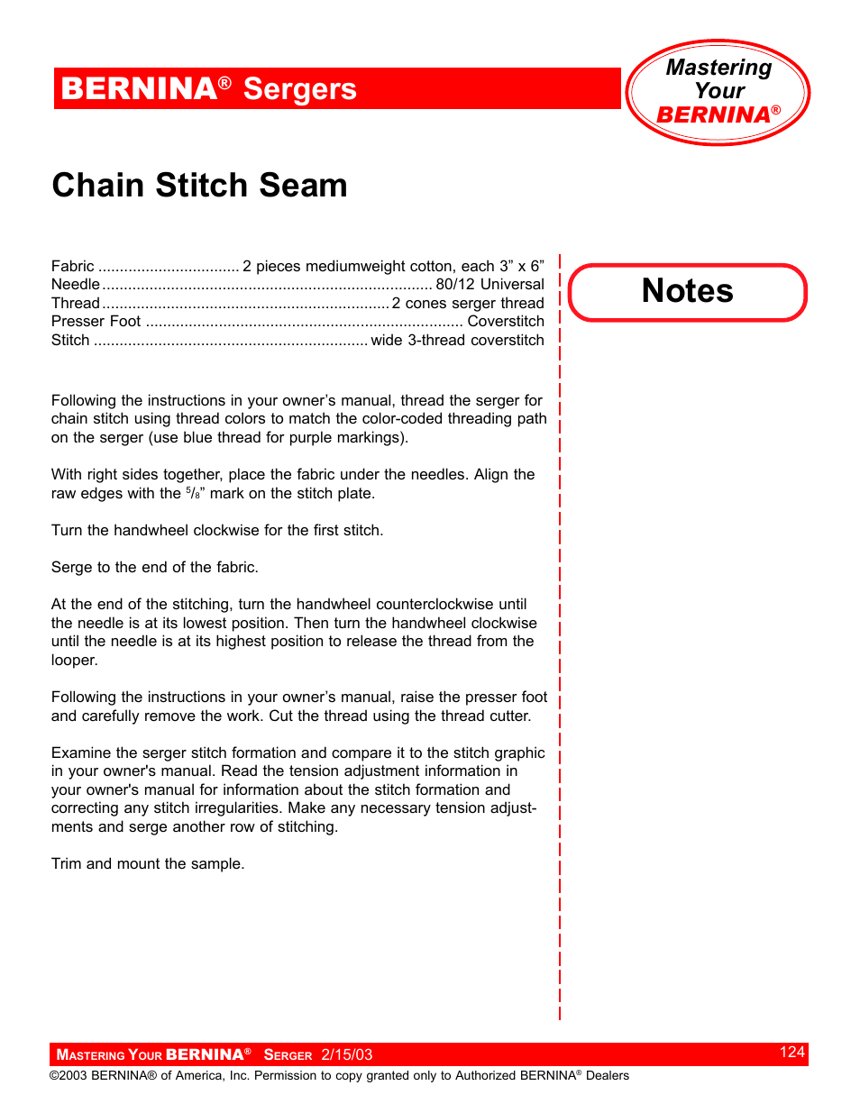 Chain stitch seam, Bernina, Sergers | Mastering your bernina | Bernina Sergers User Manual | Page 124 / 134