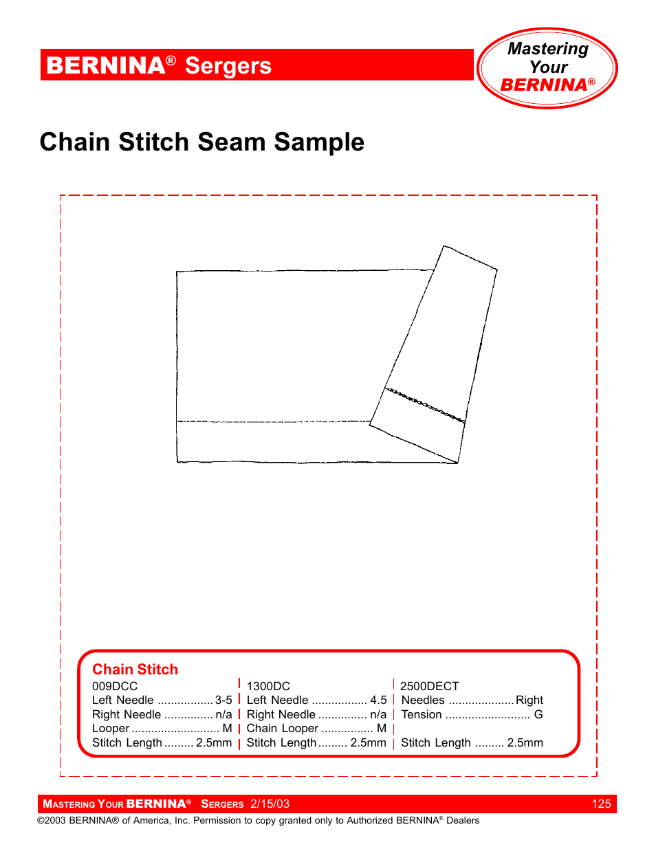 Chain stitch seam sample, Bernina, Sergers | Mastering your bernina | Bernina Sergers User Manual | Page 125 / 134