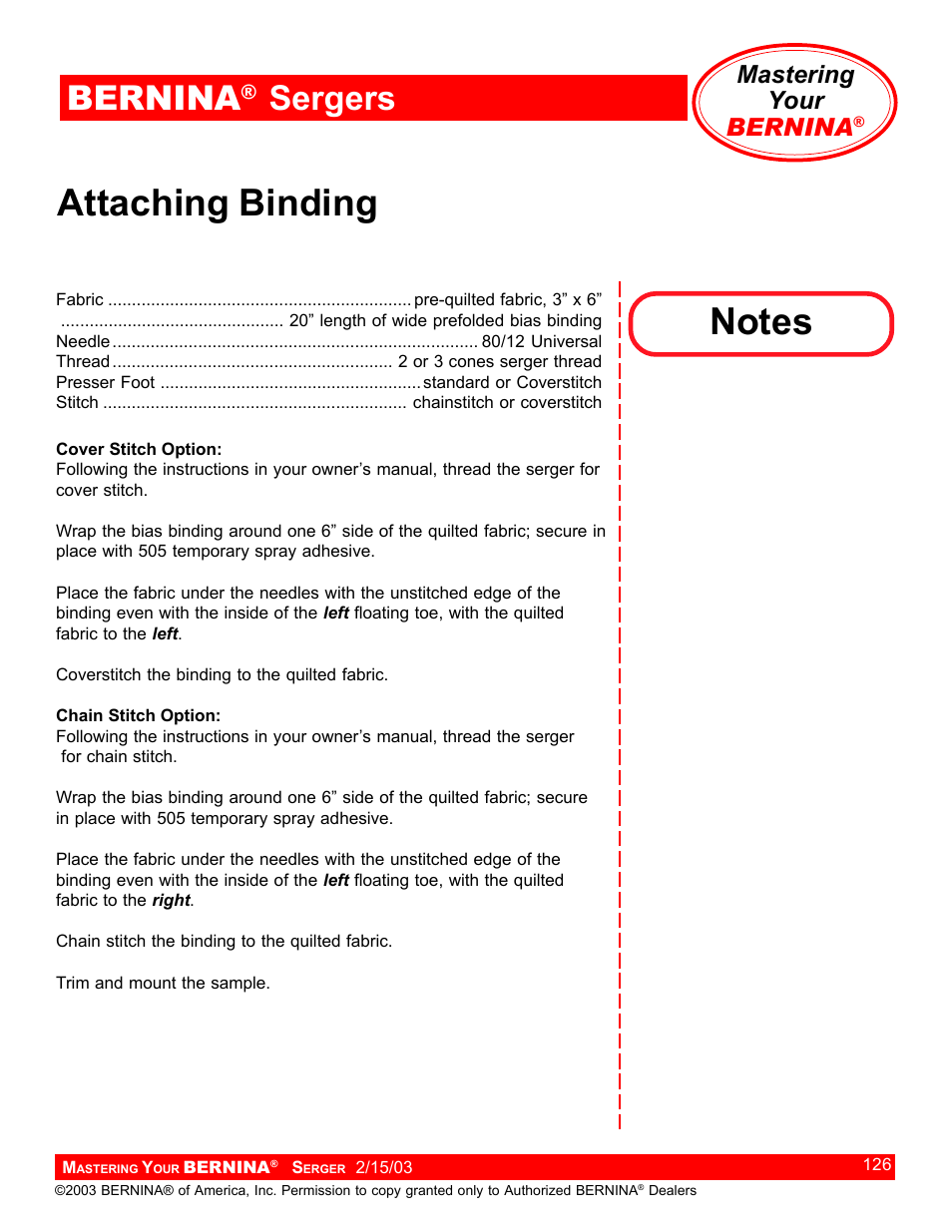 Attaching binding, Bernina, Sergers | Mastering your bernina | Bernina Sergers User Manual | Page 126 / 134