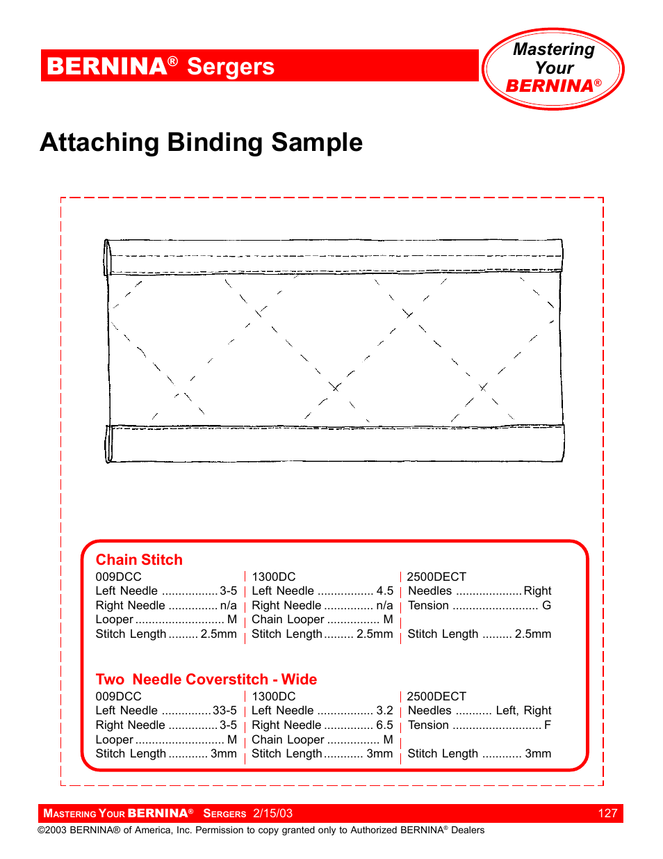 Attaching binding sample, Bernina, Sergers | Mastering your bernina | Bernina Sergers User Manual | Page 127 / 134