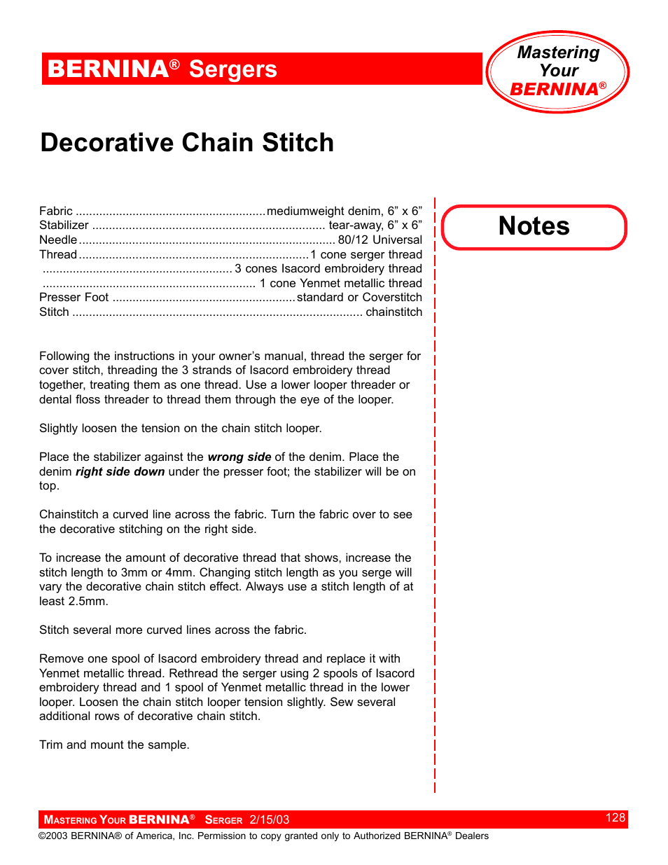 Decorative chain stitch, Bernina, Sergers | Mastering your bernina | Bernina Sergers User Manual | Page 128 / 134