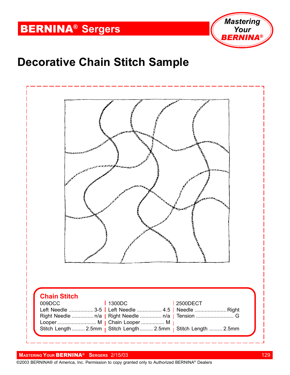 Decorative chain stitch sample, Bernina, Sergers | Mastering your bernina | Bernina Sergers User Manual | Page 129 / 134