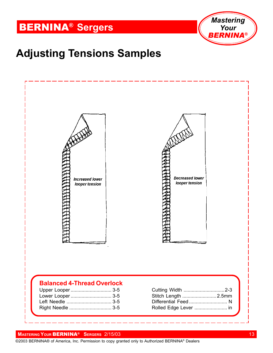 Adjusting tensions samples, Bernina, Sergers | Mastering your bernina | Bernina Sergers User Manual | Page 13 / 134