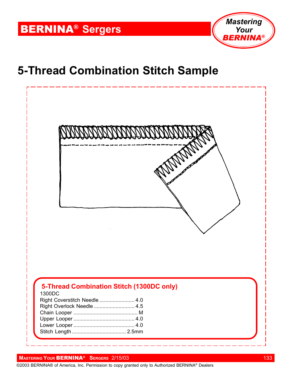 Thread combination stitch sample, Bernina, Sergers | Mastering your bernina | Bernina Sergers User Manual | Page 133 / 134