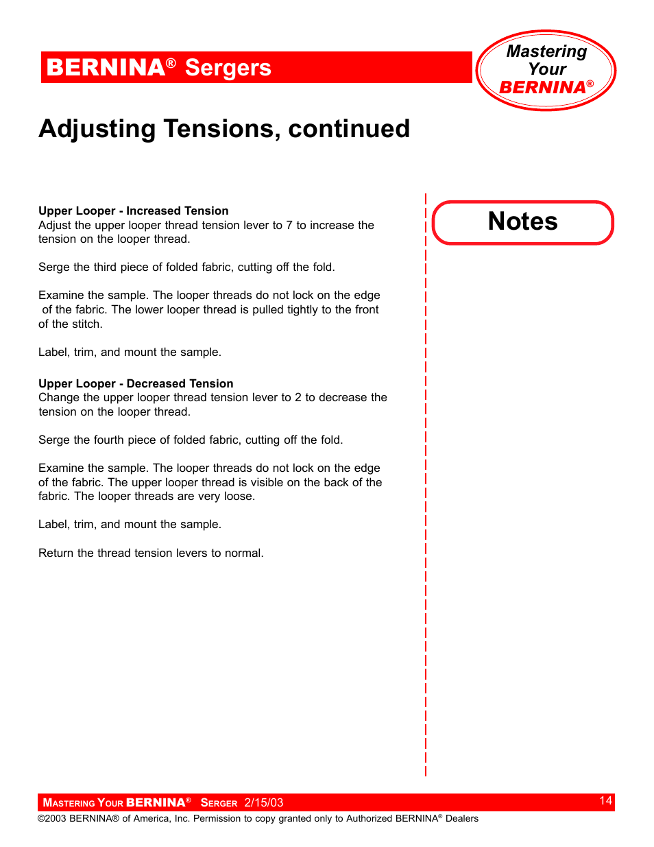 Adjusting tensions, continued, Bernina, Sergers | Mastering your bernina | Bernina Sergers User Manual | Page 14 / 134