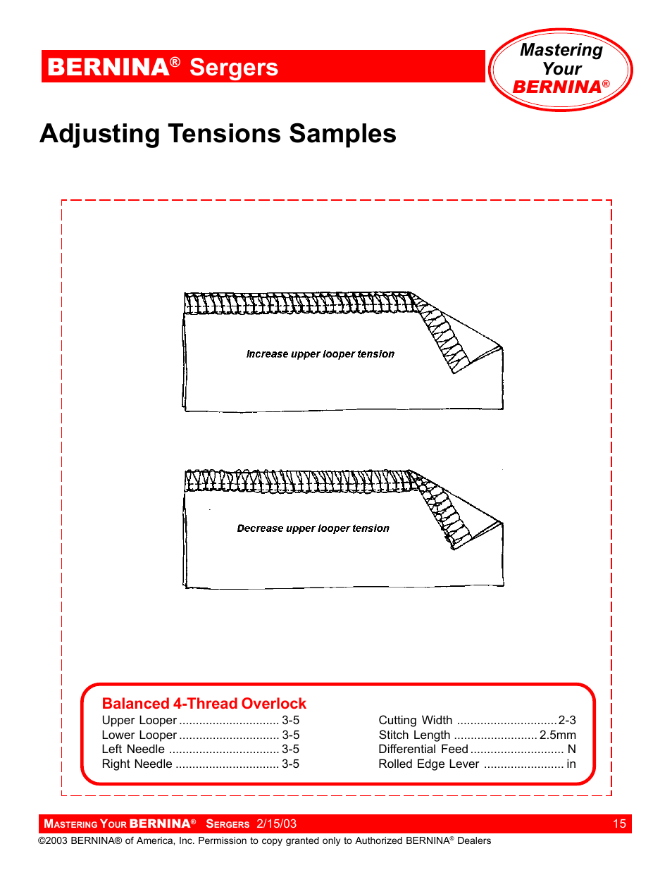 Adjusting tensions samples, Bernina, Sergers | Mastering your bernina | Bernina Sergers User Manual | Page 15 / 134