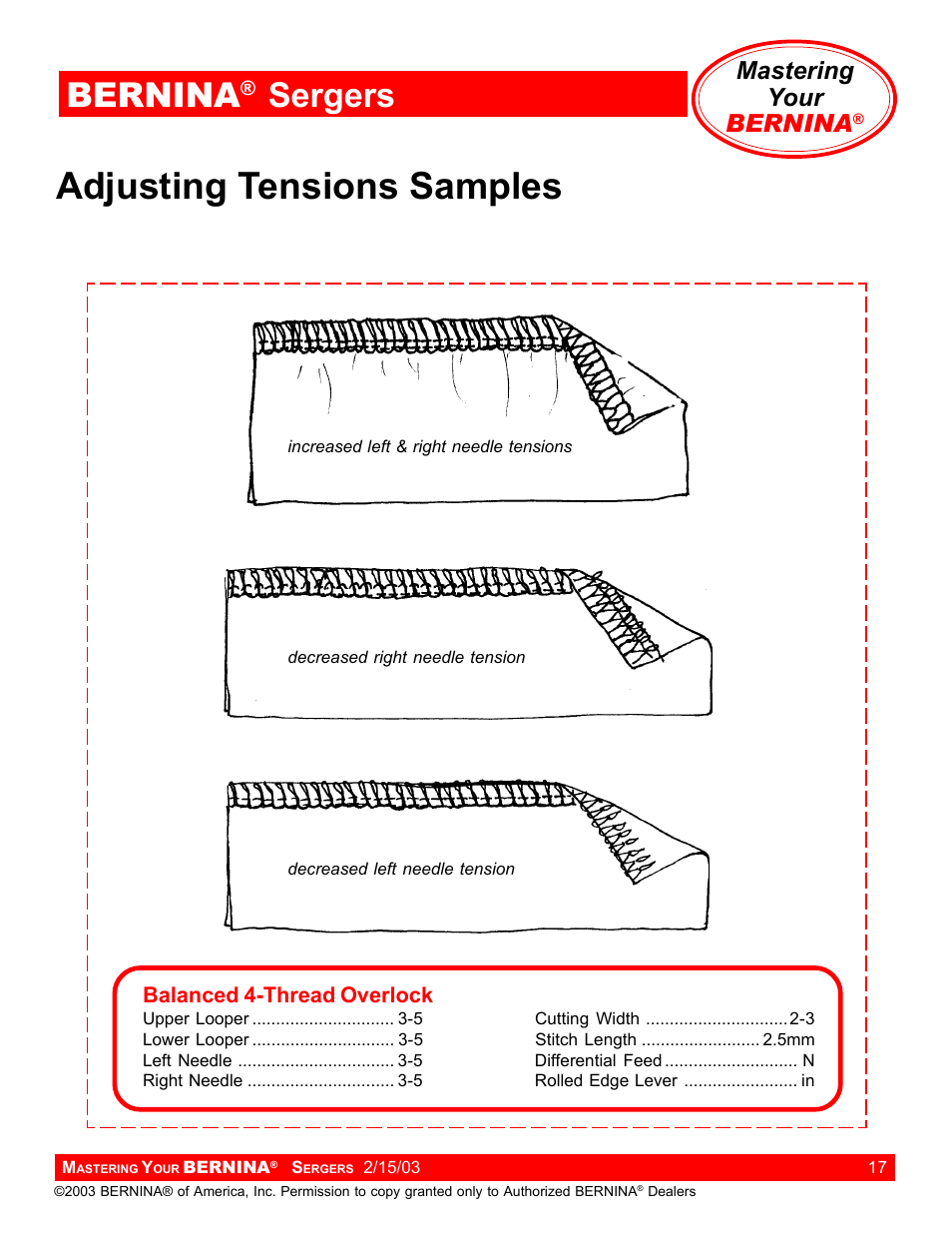 Adjusting tensions samples, Bernina, Sergers | Mastering your bernina | Bernina Sergers User Manual | Page 17 / 134