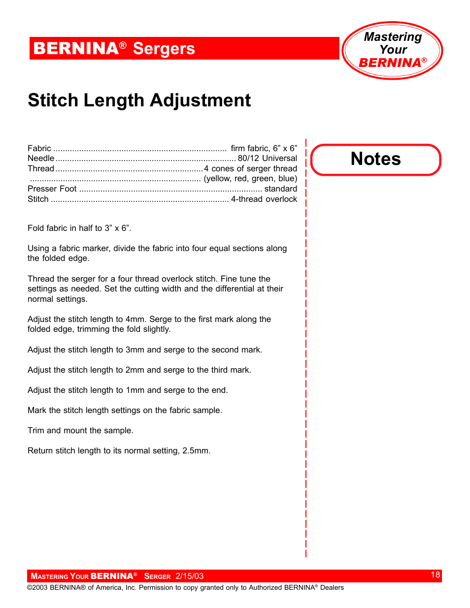 Stitch length adjustment, Bernina, Sergers | Mastering your bernina | Bernina Sergers User Manual | Page 18 / 134