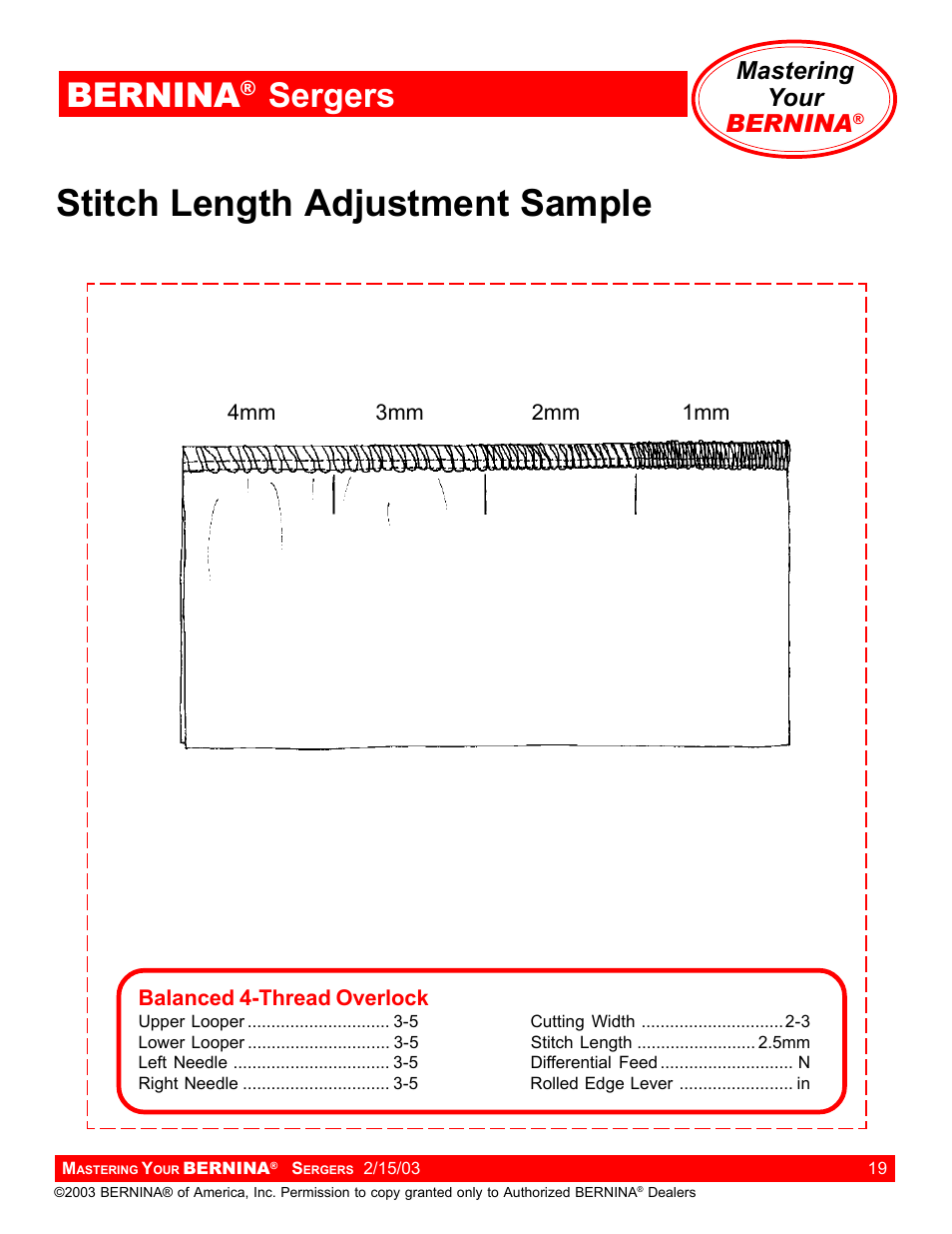 Stitch length adjustment sample, Bernina, Sergers | Mastering your bernina | Bernina Sergers User Manual | Page 19 / 134