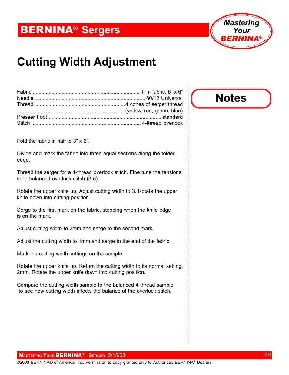 Cutting width adjustment, Bernina, Sergers | Mastering your bernina | Bernina Sergers User Manual | Page 20 / 134