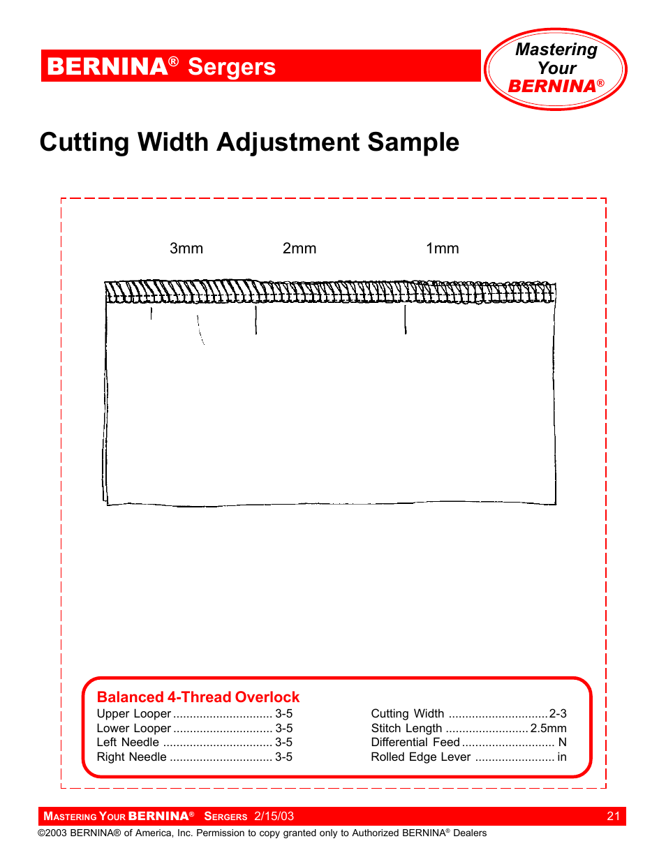 Cutting width adjustment sample, Bernina, Sergers | Mastering your bernina | Bernina Sergers User Manual | Page 21 / 134