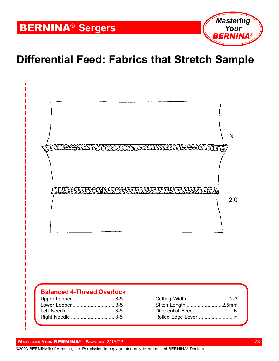 Differential feed: fabrics that stretch sample, Bernina, Sergers | Mastering your bernina | Bernina Sergers User Manual | Page 23 / 134