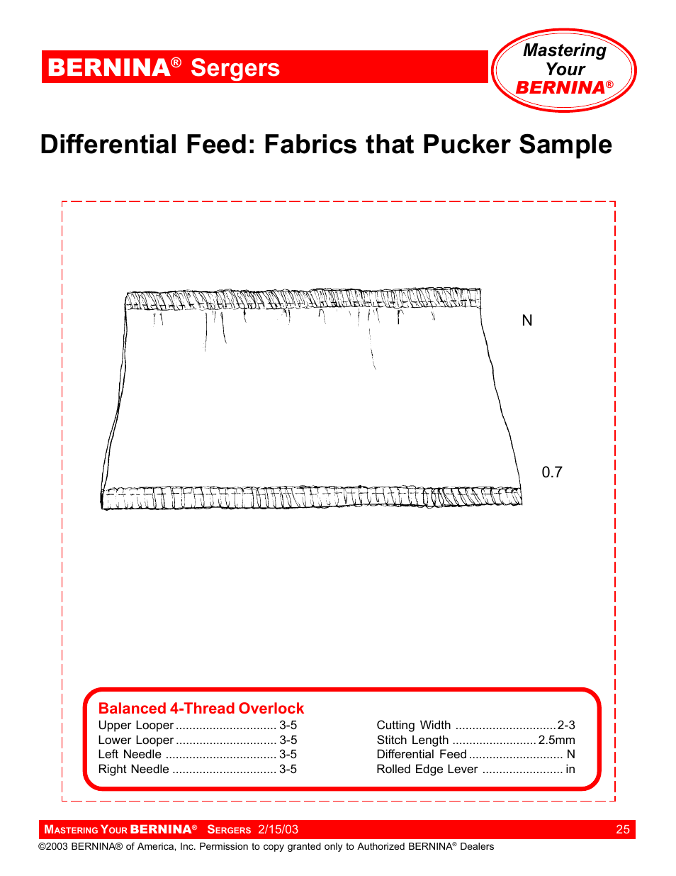 Differential feed: fabrics that pucker sample, Bernina, Sergers | Mastering your bernina | Bernina Sergers User Manual | Page 25 / 134