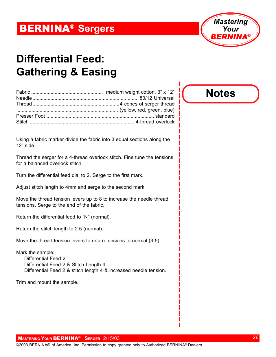 Differential feed: gathering & easing, Bernina, Sergers | Mastering your bernina | Bernina Sergers User Manual | Page 26 / 134