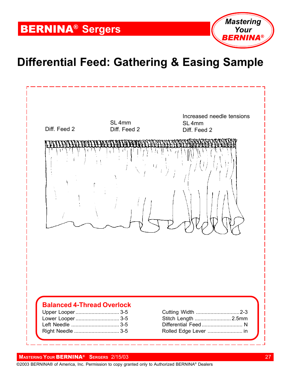 Differential feed: gathering & easing sample, Bernina, Sergers | Mastering your bernina | Bernina Sergers User Manual | Page 27 / 134