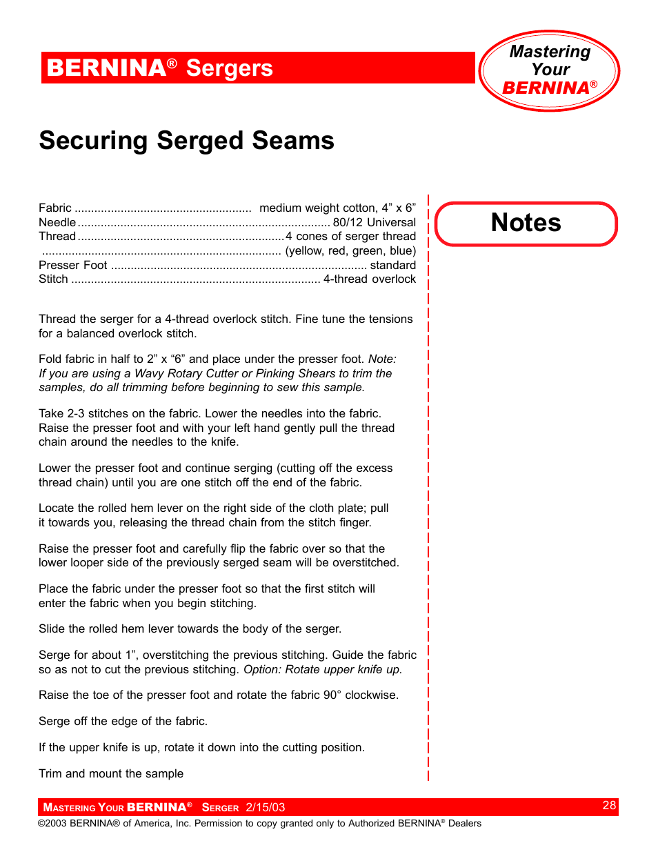 Securing serged seams, Bernina, Sergers | Mastering your bernina | Bernina Sergers User Manual | Page 28 / 134