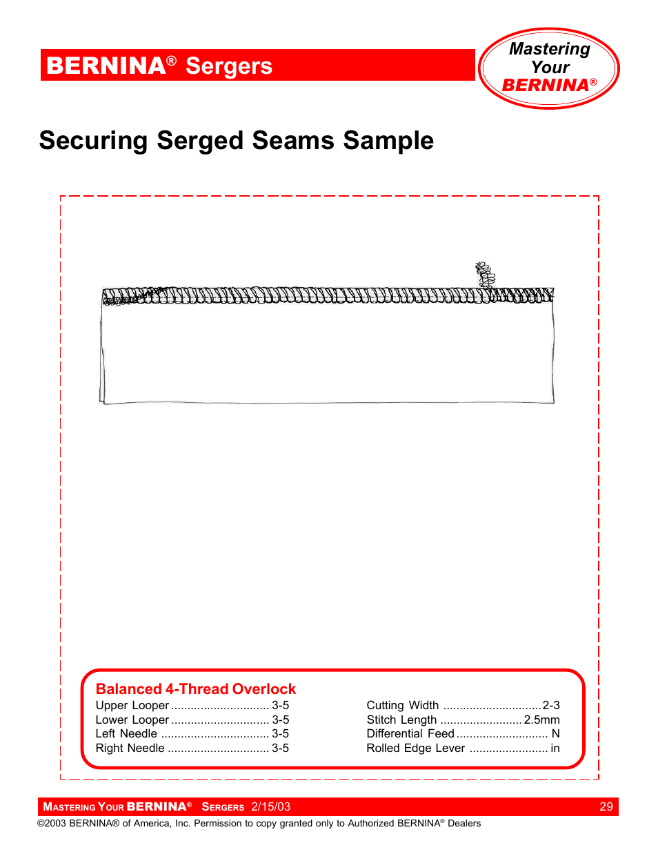 Securing serged seams sample, Bernina, Sergers | Mastering your bernina | Bernina Sergers User Manual | Page 29 / 134