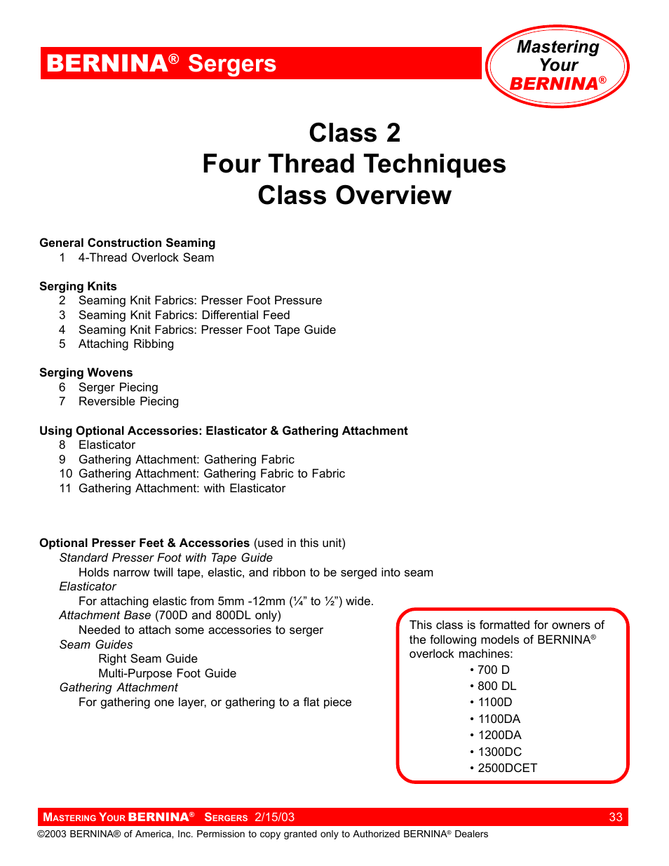 Class 2 four thread techniques class overview, Bernina, Sergers | Mastering your bernina | Bernina Sergers User Manual | Page 33 / 134