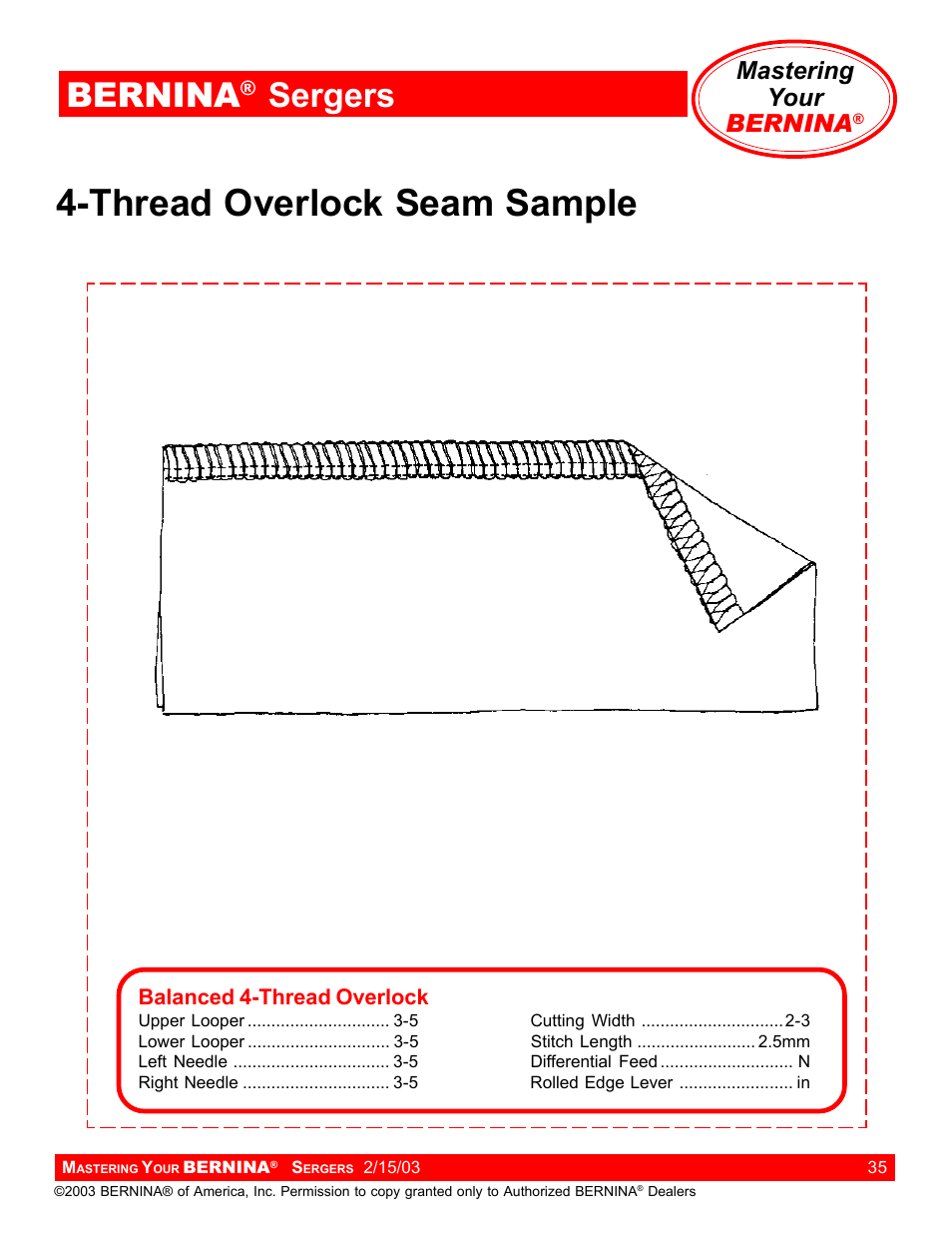 Thread overlock seam sample, Bernina, Sergers | Mastering your bernina | Bernina Sergers User Manual | Page 35 / 134